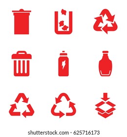 Recycle icons set. set of 9 recycle filled icons such as trash bin, recycle, box, bottle