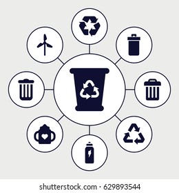 Recycle icons set. set of 9 recycle filled icons such as trash bin, baby bottle, energetic drink