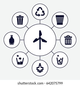 Recycle icons set. set of 9 recycle filled icons such as recycle, trash bin, box, bottle, delete trash bin