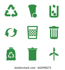 Recycle icons set. set of 9 recycle filled icons such as trash bin, trash bag, update, recycle
