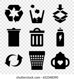 Recycle icons set. set of 9 recycle filled icons such as baby bottle, trash bin, recycle, box, update, delete trash bin