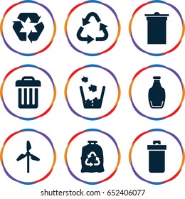 Recycle icons set. set of 9 recycle filled icons such as trash bin, recycle, trash bag, bottle