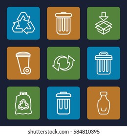 recycle icons set. Set of 9 recycle outline icons such as trash bin, trash bag, box, update, bottle, bin