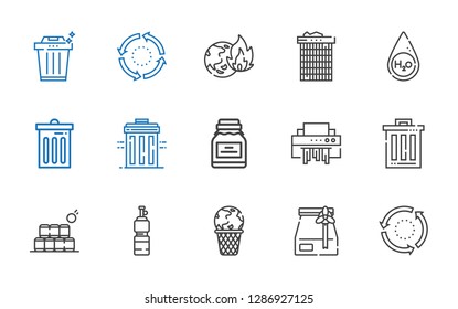 recycle icons set. Collection of recycle with repeat, paper bag, global warming, bottle, bottles, trash, shredder, conserve, recycle bin. Editable and scalable icons.