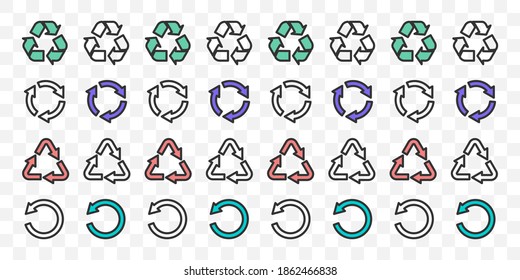 Recycle icons set. Linear and flat icons. Recycling and rotation arrow icon pack. Concept icons. Trendy colors. Vector illustration