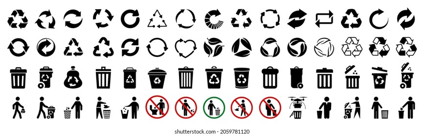 Recycle icons set, trash bin, trash can icons with man - stock vector