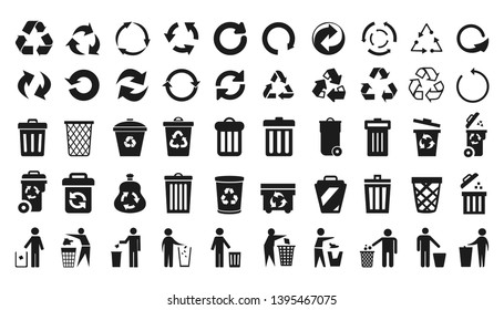 Recycle icons set and trash can icons with man - stock vector