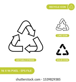 Recycle icons set vector illustration with solid icon line style. Go green concept. Editable stroke icon on isolated background for web design, infographic and UI mobile app.