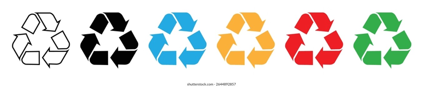 Recycle icons vector set in green, blue, black, and outline styles. Eco symbols for sustainability, environment, waste sorting, packaging, labels, climate, reuse, conservation, flat illustration.