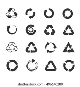 Recycle icons vector set. Triangle and round emblems for conservation and saving illustration - Shutterstock ID 496140280
