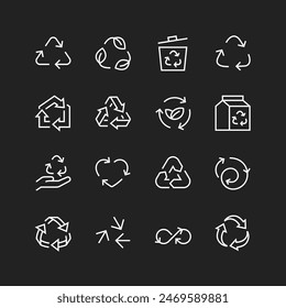 Recycle icons, white on black background. Material recyclability, waste conversion. Three chasing arrows recycle symbol. Customizable line thickness