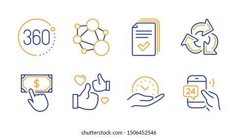 Recycle, Integrity And Safe Time Line Icons Set. Payment Click, 360 Degrees And Handout Signs. Like, 24h Service Symbols. Recycling Waste, Social Network. Technology Set. Line Recycle Icon. Vector