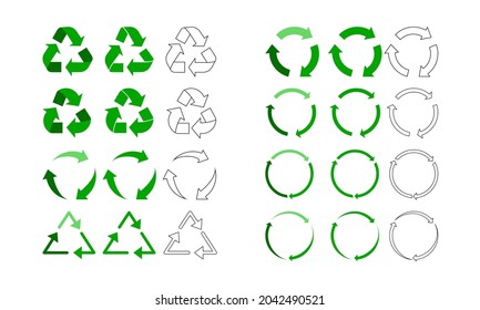 Recycle labels icon set, badge set. Solid and outline versions.