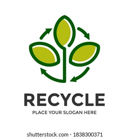 Recycle leaf vector logo template. This design use arrow and rotation symbol. Suitable for environment.