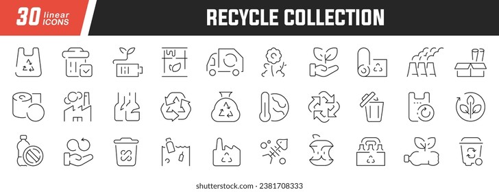 Reciclar conjunto de iconos lineales. Colección de 30 iconos en negro