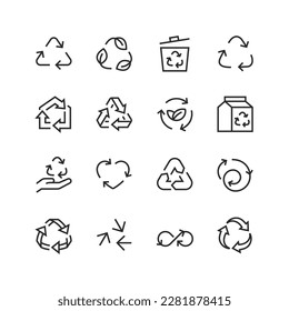 Recycle, linear style icons set. Recyclability of a material, converting waste. Material recycling. The three chasing arrows. Editable stroke width