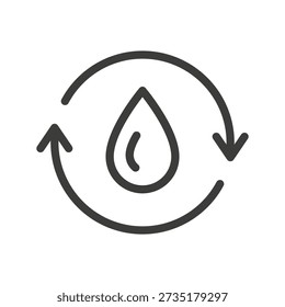 recycle liquid icon, drop with spin arrows, water circulation, web interface element, line vector