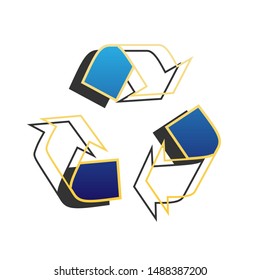 Recycle logo concept. Blue icon with gold contour with dark gray shadow at white background. Illustration.