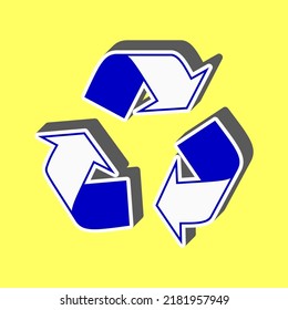 Recycle logo concept. Blue Icon with white stroke in 3d at yellow Background. Illustration.
