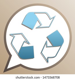 Recycle logo concept. Bright cerulean icon in white speech balloon at pale taupe background. Illustration.