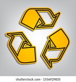 Recycle logo concept. Flat orange icon with overlapping linear black icon with gray shadow at whitish background. Illustration.