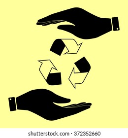 Recycle logo concept. Save or protect symbol by hands.