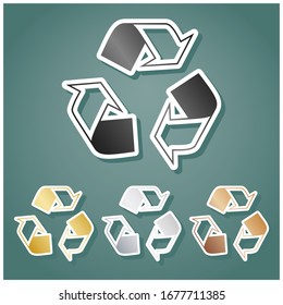 Recycle logo concept. Set of metallic Icons with gray, gold, silver and bronze gradient with white contour and shadow at viridan background. Illustration.