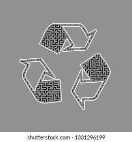 Recycle logo concept. Vector. Black maze filled icon with white border at gray background.