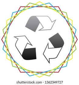 Recycle logo concept. Vector. Black icon with patch of light inside colorful hexagonal frames at white background.