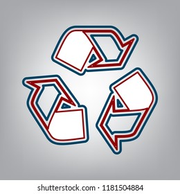 Recycle logo concept. Vector. Dark red, transparent and midnight green stroke of white icon at grayish background.