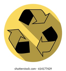 Recycle logo concept. Vector. Flat black icon with flat shadow on royal yellow circle with white background. Isolated.