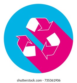 Recycle logo concept. Vector. Flat white icon with mexican pink shadow inside sky blue(S and G) circle at white background. Isolated. Trend colors in 2017.