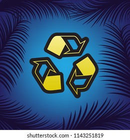 Recycle logo concept. Vector. Golden icon with black contour at blue background with branches of palm trees.