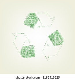 Recycle logo concept. Vector. Green hexagon rastered icon and noised opacity and size at light green background with central light.