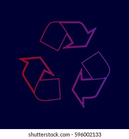 Recycle logo concept. Vector. Line icon with gradient from red to violet colors on dark blue background.