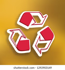 Recycle logo concept. Vector. Magenta icon with darker shadow, white sticker and black popart shadow on golden background.