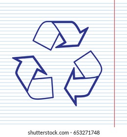 Recycle logo concept. Vector. Navy line icon on notebook paper as background with red line for field.