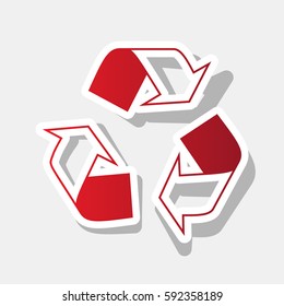 Recycle logo concept. Vector. New year reddish icon with outside stroke and gray shadow on light gray background.