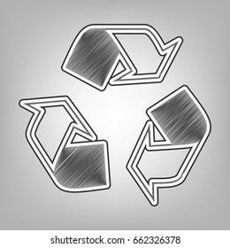 Recycle logo concept. Vector. Pencil sketch imitation. Dark gray scribble icon with dark gray outer contour at gray background.