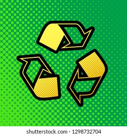 Recycle logo concept. Vector. Pop art orange to yellow dots-gradient icon with black contour at greenish background.