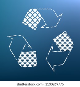 Recycle logo concept. Vector. White textured icon at lapis lazuli gradient background.