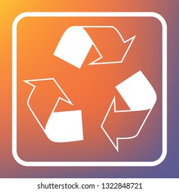 Recycle logo concept. Vector. White icon on transparent button at orange-violet gradient background.