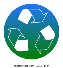 Recycle logo concept. Vector. White icon in bluish circle on white background. Isolated.