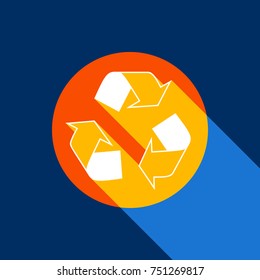 Recycle logo concept. Vector. White icon on tangelo circle with infinite shadow of light at cool black background. Selective yellow and bright navy blue are produced.