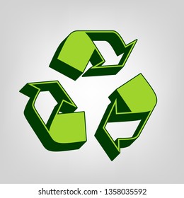 Recycle logo concept. Vector. Yellow green solid icon with dark green external body at light colored background.