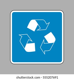 Recycle logo concept. White icon on blue sign as background.