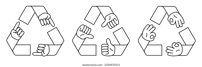 Recycle logo with hand gestures "ok", "thumbs up" and "pointing finger". Vector illustration in doodle style. Linear art on a white background. Icon of recycling, environmental waste management.
