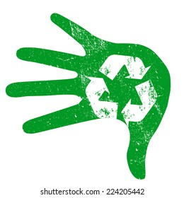 Recycle logo on green hand, vector illustration