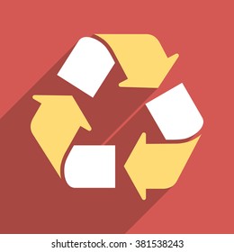 Recycle long shadow vector icon. Style is a flat light symbol on a red square background.