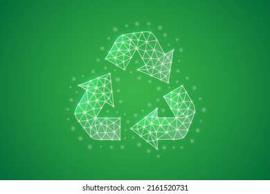 Reciclar el símbolo de poli bajo con puntos conectados en blanco. Ecosistema poligonal geométrico 3d. Ecología, diseño de reciclado de residuos ilustración vectorial.